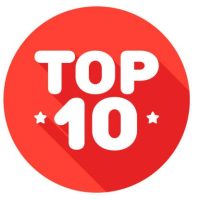 Top ten 10 red and white circle badge icon. Vector illustration.